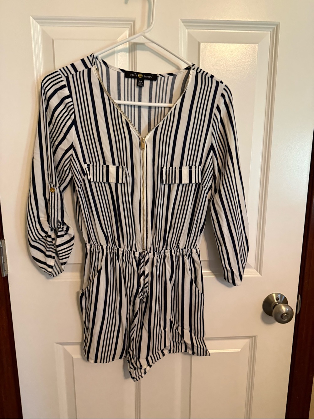 Bella Tweed Blue & White Striped Women's Romper with Zip